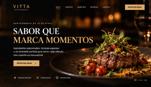 Imagem do site Vitta Restaurante, com apresentação do ambiente e convite para reservar mesa