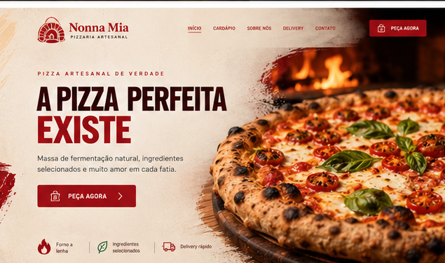 Imagem do site da pizzaria Nonna Mia, com pizza em destaque e convite para pedir